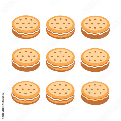 A collection of nine isometric sandwich cookies with chocolate and cream filling variations