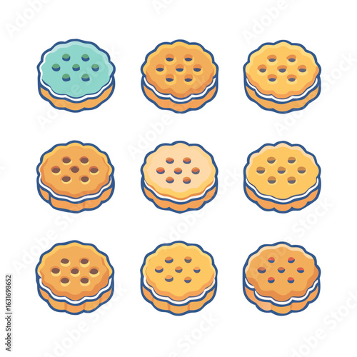 A collection of sweet sandwich cookies with cream filling and chocolate chip accents