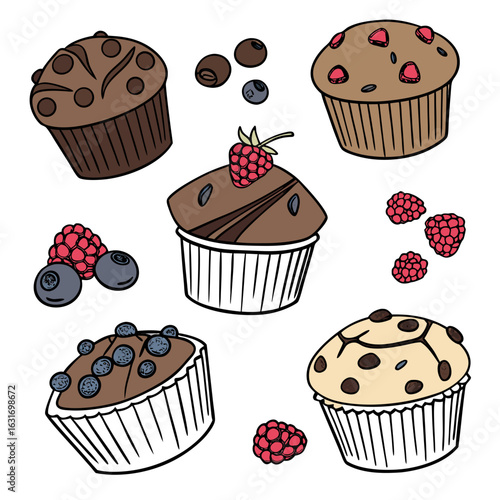 A delightful assortment of freshly baked chocolate and berry muffins with scattered fresh fruit