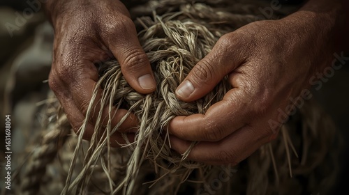 A close-up shot of a man's strong hands tying a bundle of rough, natural fiber rope. The image highlights manual work and craftsmanship with natural materials