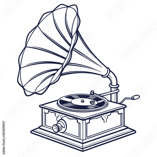 Vintage gramophone with large horn and spinning record player detailed outline illustration