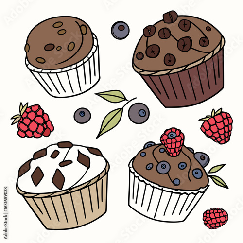 Deliciously decorated chocolate muffins with fresh berries and leaves in a whimsical illustration