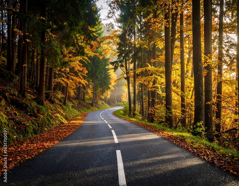 Obraz premium Autumn road through forest