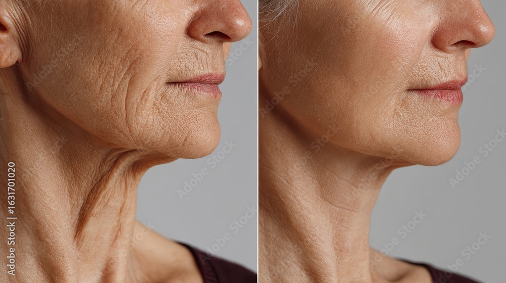 Obraz premium Before and After Facelift Comparison – Close-Up of Elderly Woman’s Lower Face and Neck Showing Reduction of Double Chin and Loose Skin, Emphasizing Jawline Definition and Skin Rejuvenation
