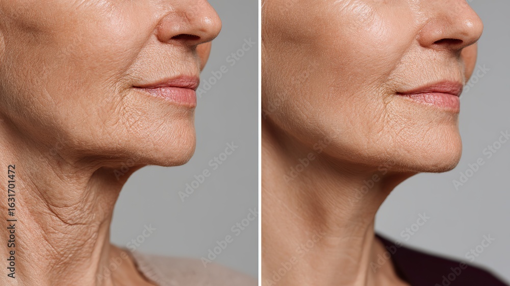Obraz premium Before and After Facelift Comparison – Close-Up of Elderly Woman’s Lower Face and Neck Showing Reduction of Double Chin and Loose Skin, Emphasizing Jawline Definition and Skin Rejuvenation