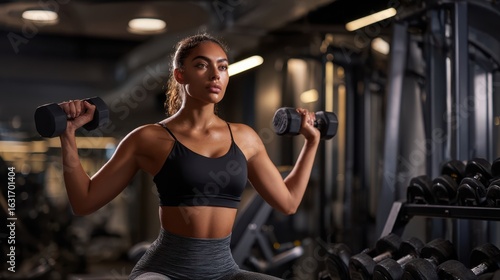 The woman lifting dumbbells showcases strength and determination in the gym environment.