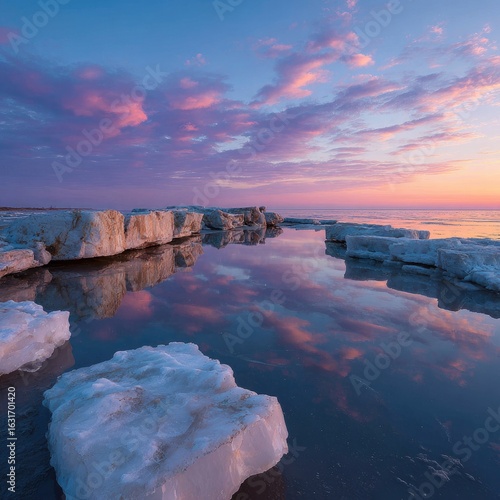Ice floes at dawn, reflected in calm water