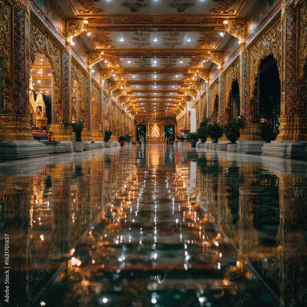 Fototapeta premium Golden temple hall, mirrored floor