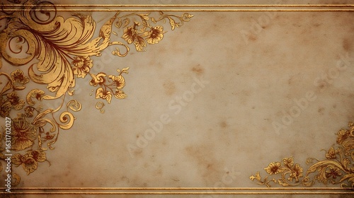 Vintage Paper Texture with Floral Border and Golden Ornaments Antique Background
