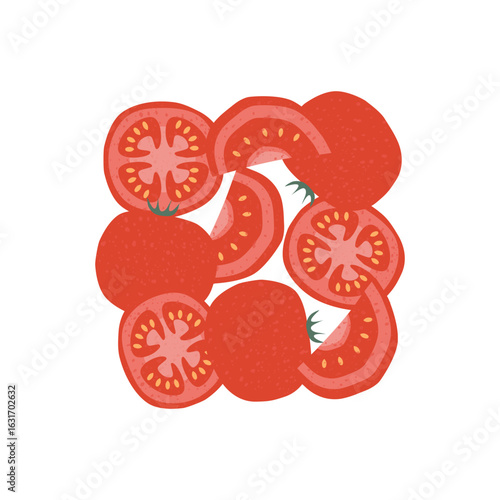 Juicy tomato seamless pattern with slices and whole tomatoes
