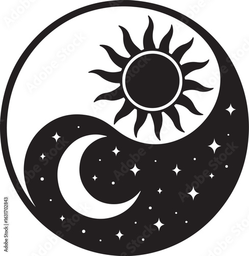 A silhouette of sun and moon in yin yang balance, mystical design, black vector