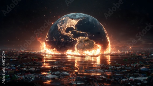 Global planet Earth with oceans and continents in the vast black space, viewed from the Moon, with fire illuminating the atmosphere