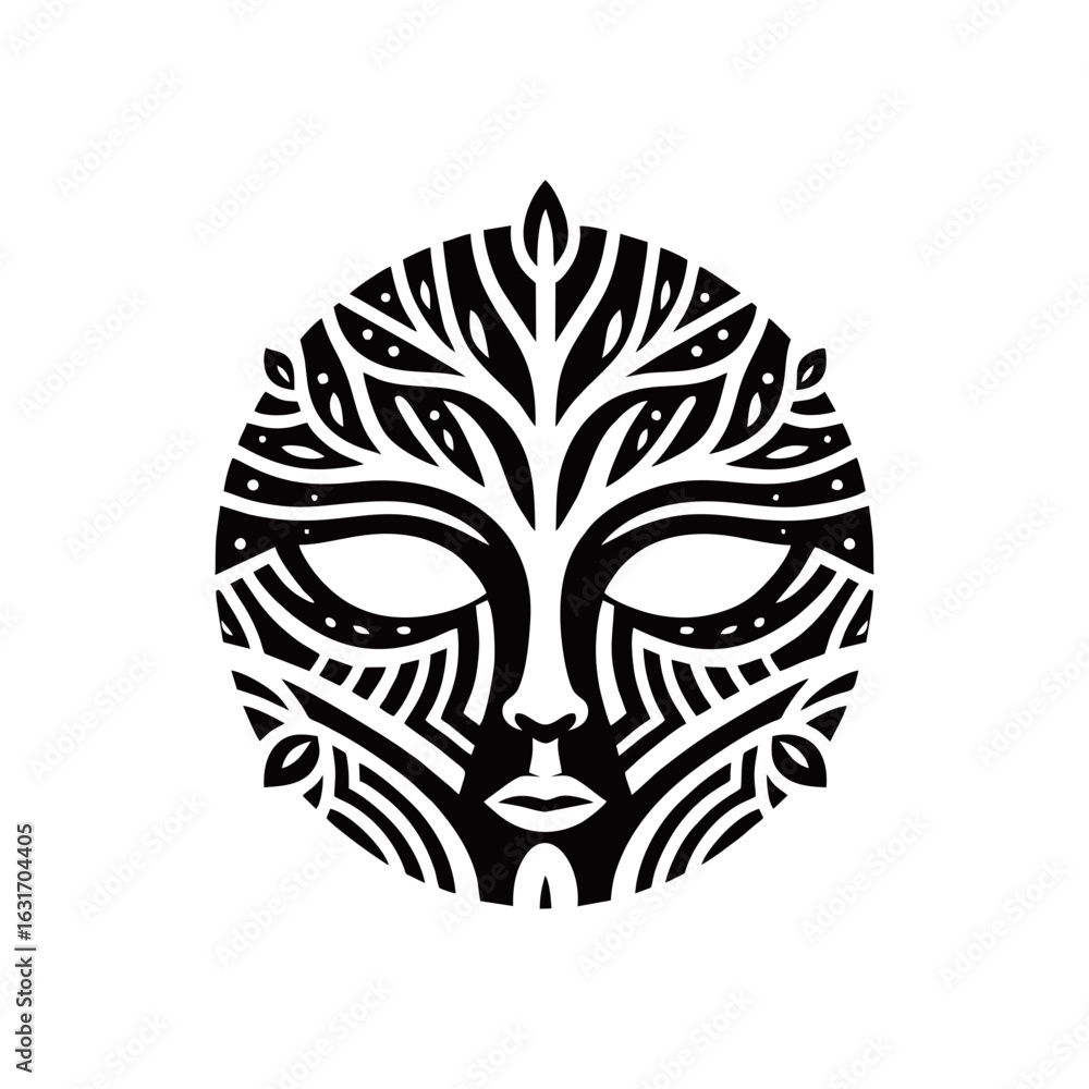 Naklejka premium A tribal mask symbolizing growth, with tree branch patterns
