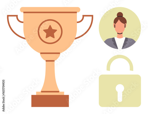 Golden trophy with star, woman avatar, and padlock symbolizing achievement, security, recognition, success, reward, privacy, and women empowerment simple flat metaphor