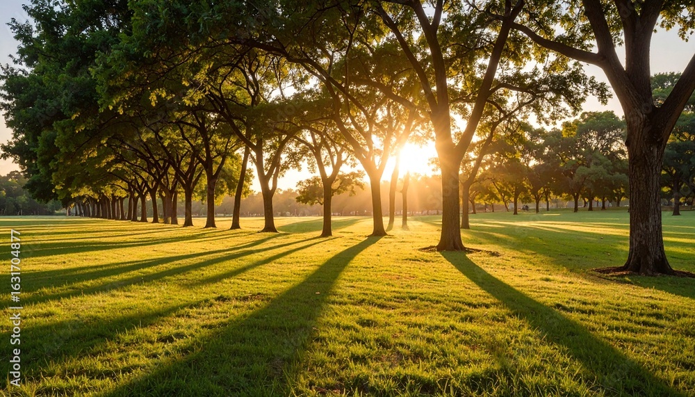 Obraz premium Sunset illuminates a grove of trees, casting long shadows on the grassy field. Warm light bathes the scene