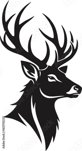 Powerful Stag Deer Head Vector Illustration in Bold Black Silhouette - Emblematic Wildlife Design for Nature Concepts