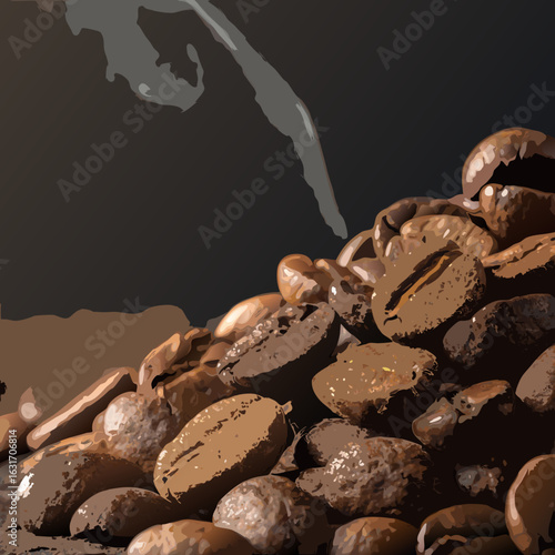 Vector art of pile of roasted coffee beans with steam rising, closeup view