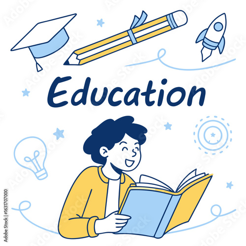 Vector art of happy student reading a book with education symbols isolated on white background