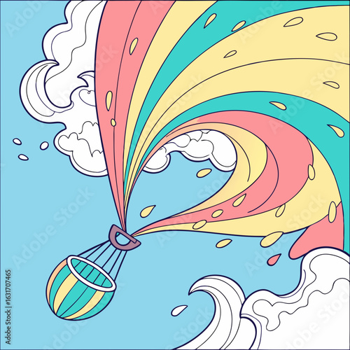 Vector art of hot air balloon with a rainbow stream against a blue sky with clouds