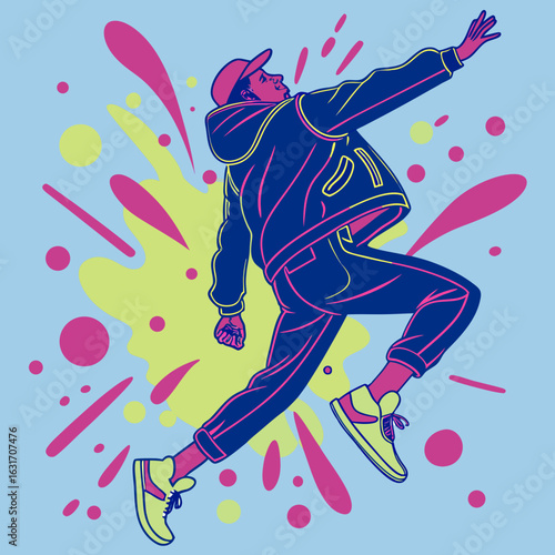 Vector art of man performing a dynamic hip hop dance move with colorful splashes