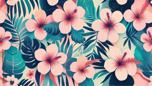 A beautiful seamless pattern with tropical pink hibiscus flowers and palm leaves. A modern, flat illustration perfect for summer and exotic backgrounds.
