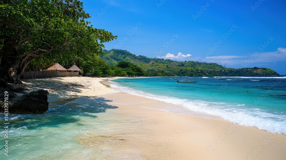 Obraz premium Pristine beach with turquoise water and lush foliage.