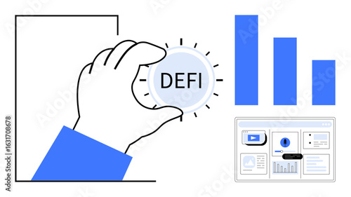 Hand holding DeFi coin symbolizes decentralized finance bar graph indicates growth and analytics dashboard shows data insights. Ideal for finance, investment, blockchain, crypto, analytics, markets