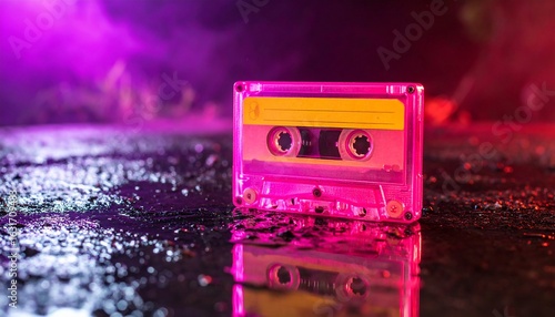 Retro Pink Cassette Tape Reflecting on Wet Surface with Neon Purple and Red Lighting