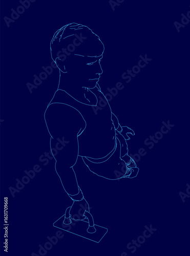 A muscular gymnast performs push-ups on a blue background, flexing his arms and legs in a dynamic lunge position. He wears a tank top and shorts, showcasing strength and agility.