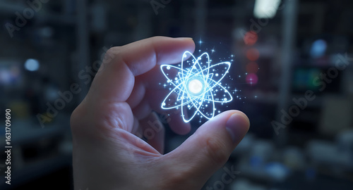 Hand Holding Glowing Atom Like Energy Core For Scientific Technology Concept