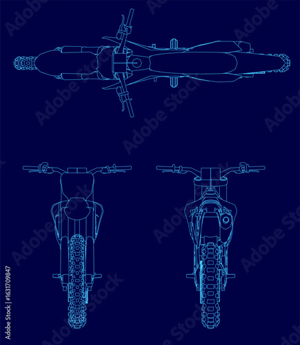 Detailed blueprint of a dirt bike with clearly outlined components like handlebars, seat, and wheels. The white contour design contrasts sharply against the vibrant blue background.