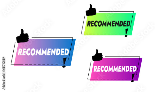 Sticker banner with recommendation text and black vector thumbs up on gradient