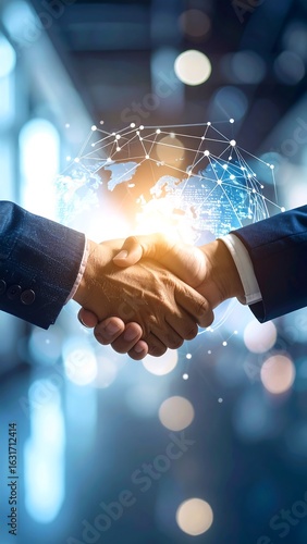 Global partnership depicted by a handshake with a network-connected world map