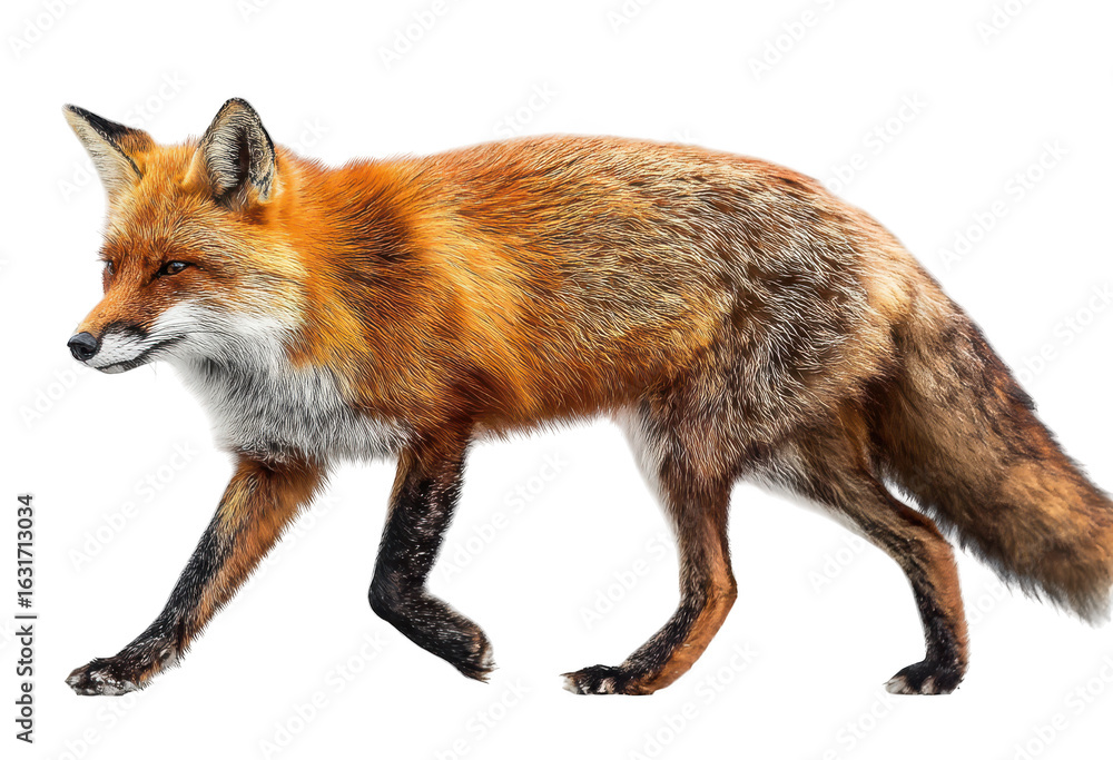 Fototapeta premium A side view of a red fox with a bushy tail walking on a Transparent Background