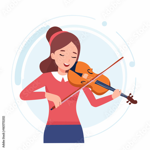 Flat design vector of a young musician playing the violin, eyes closed, focused expression, instrument and bow in hand, with white background