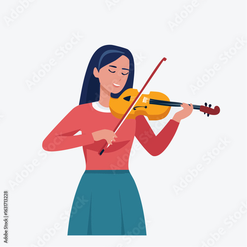 Flat design vector of a young musician playing the violin, eyes closed, focused expression, instrument and bow in hand, with white background