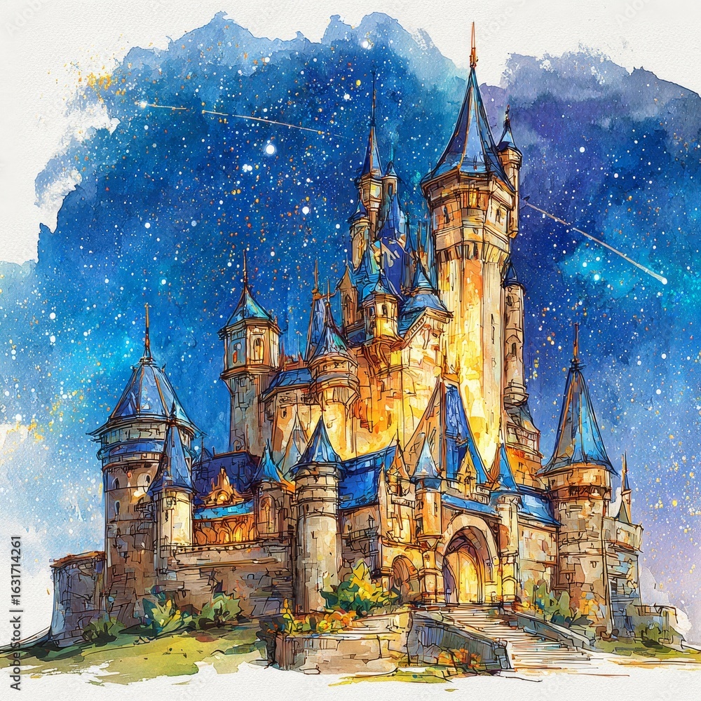 Fototapeta premium Enchanting castle landscape watercolor art illustration at twilight magical environment dreamy viewpoint