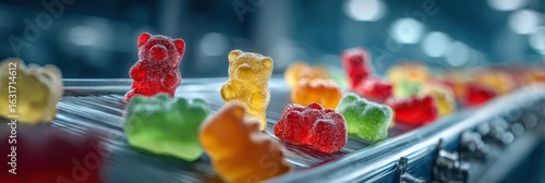 Colorful gummy bears on a conveyor belt in a candy factory during production hours