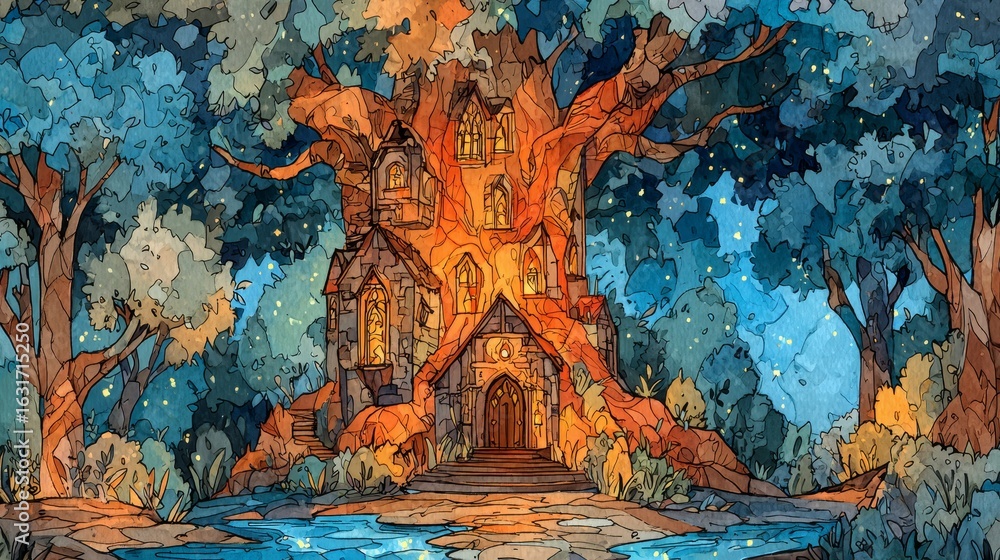Naklejka premium Enchanting watercolor landscape of a castle palace inside a giant tree night view art illustration