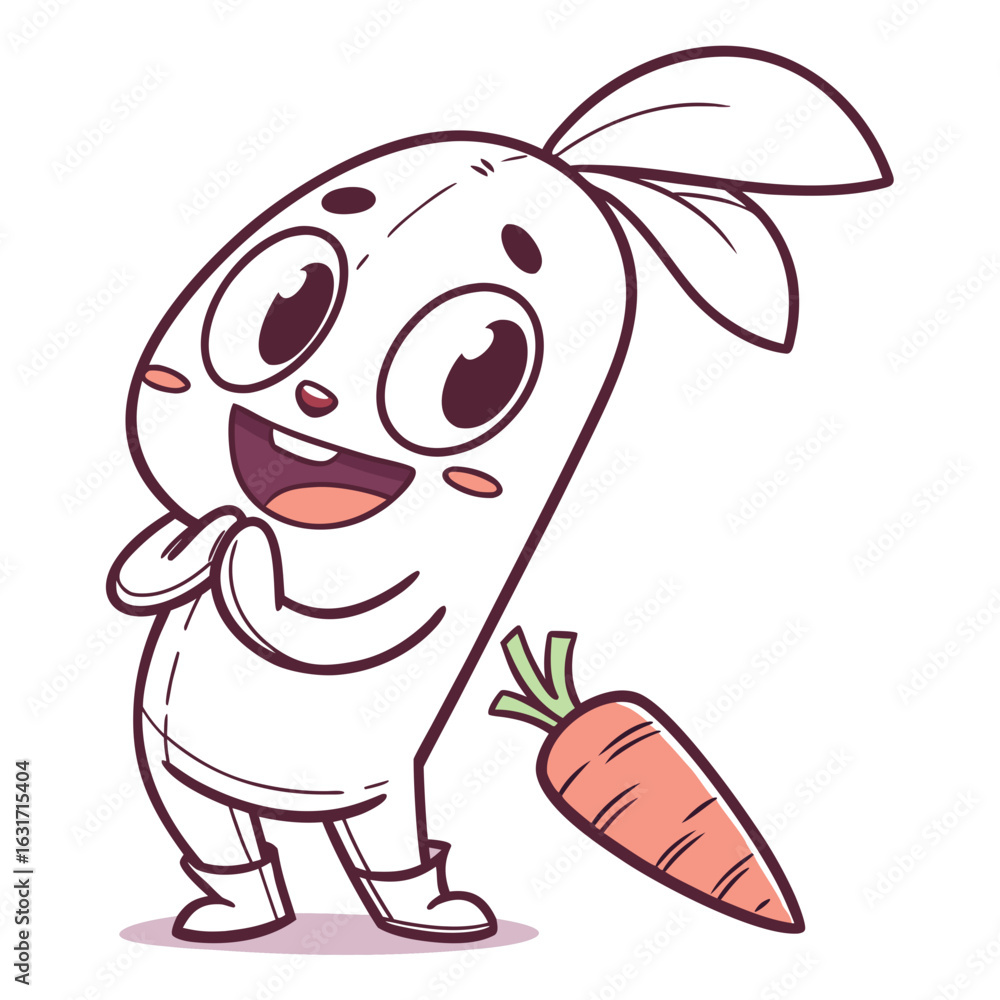 Obraz premium Cute cartoon rabbit with carrot isolated on white background, a playful illustration