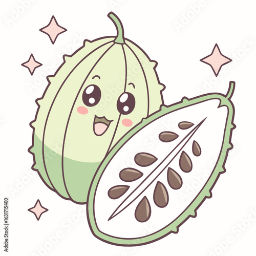 Cute cartoon illustration of a kiwano fruit with a sliced kiwano isolated on white background
