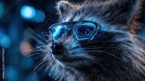 A raccoon wearing futuristic VR glasses with neon blue highlights stands in a dark cyberpunk environment rendered with cinematic lighting and ultra-detailed fur textures.