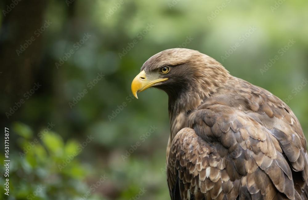 Obraz premium Majestic eagle portrait shows yellow eye and sharp beak. Brown feathered bird of prey rests in natural green foliage background. Wildlife photography capturing predatory nature in close-up detail.