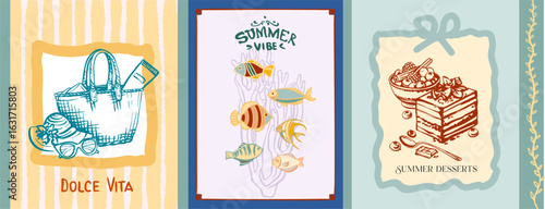 Gastronomic tour,Summer atmosphere.La Dolce Vita is an abstract composition in a modern style on the theme of travel,culinary mood with text. Bright vector digital illustration for branding, printing