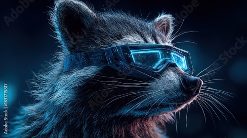 A raccoon wearing futuristic VR glasses with neon blue highlights stands in a dark cyberpunk environment rendered with cinematic lighting and ultra-detailed fur textures.