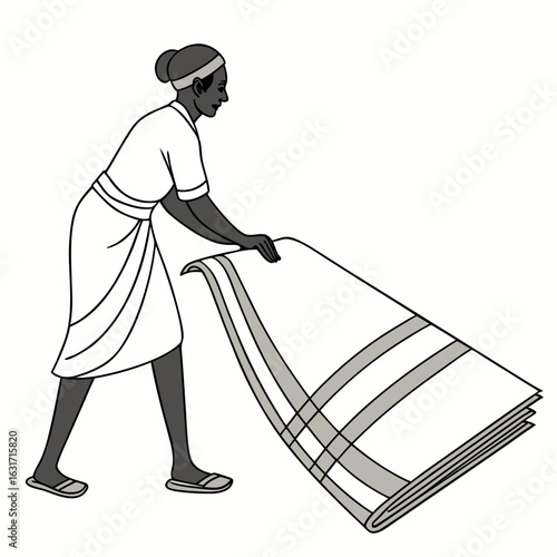 Illustration of a woman folding a striped cotton towel isolated on white background