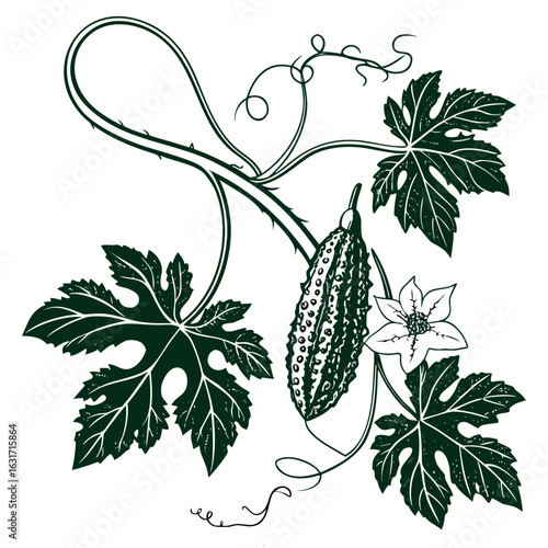 Illustration of bitter gourd plant with leaves and flower isolated on white background