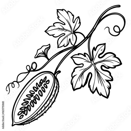 Illustration of balsam pear vine with leaves and fruit isolated on white background