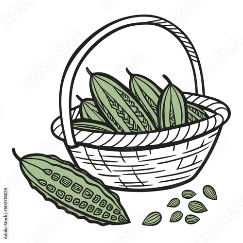 Illustration of bitter melon in basket isolated on white background for design element