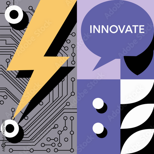 Duotone abstract business and technology design with lightning bolt and speech bubble